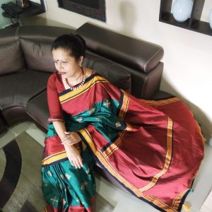 Khun saree - Green and Red (with Kasuti work)