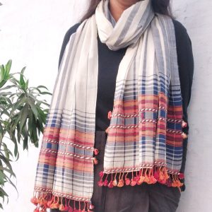 White and grey striped hand woven cotton stole