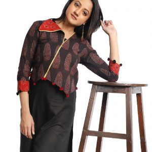 Black Red Boho Printed Cotton Jacket