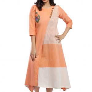 Peach Orange Slub Cotton Long Kurti