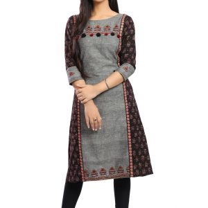 Grey Khadi Bagru Print Long Cotton Kurti