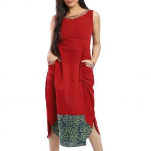 Red Handwoven Cotton Kurta With Embroidery