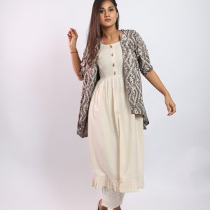 Off White Morning Glory Dress with Batik Printed Cotton Overlay