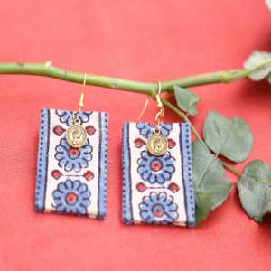 Cream Blue Trendy Floral Dangler Earrings