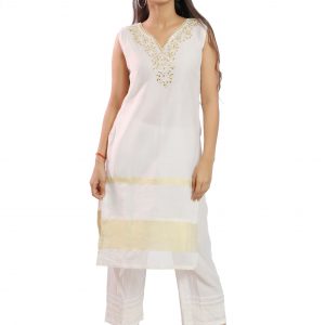 Off-White  Chanderi Hand embroidered Kurta