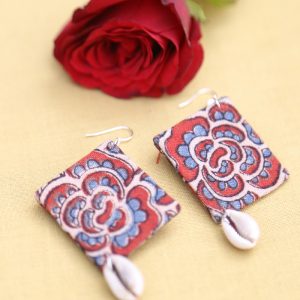 Blue Red Rose Rosette Handcrafted Dangler Earring