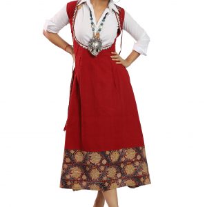 Red Long Frock Style Handwoven Cotton Kurti With Kalamkari