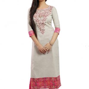 Off White Long Khadi Kurti With Hand Embroidery