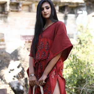 Red Handwoven Cotton Linen Short Handprinted Caftan