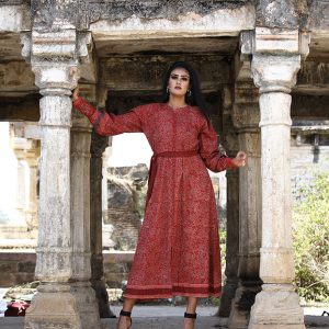 Red Hand printed Cotton Long Dress