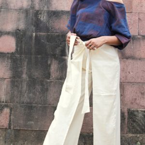 Off White Cotton Linen Tie UP Pant
