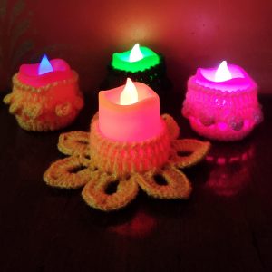 4 Hand Crafted Crochet Tea Light Led Candle Holders set (with candles)