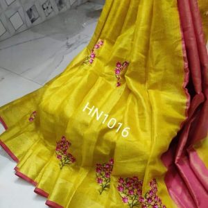 Tissue Linen Embroidery Work Saree With Blouse