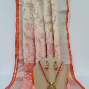 Pure Linen Embroidered Saree with Blouse