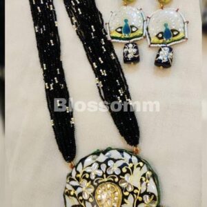 Black and White Meenakari pendant stringed with bunch of crystals