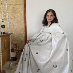 Kerala kasavu cotton tissue blended silver white sari with hand embroidered flowers