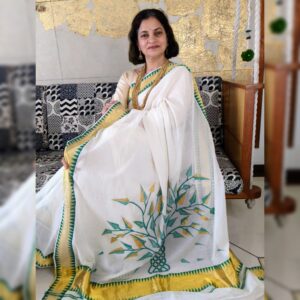 Code 362 Kerala cotton kasavu Resham border, hand painted and embroidered tree of life